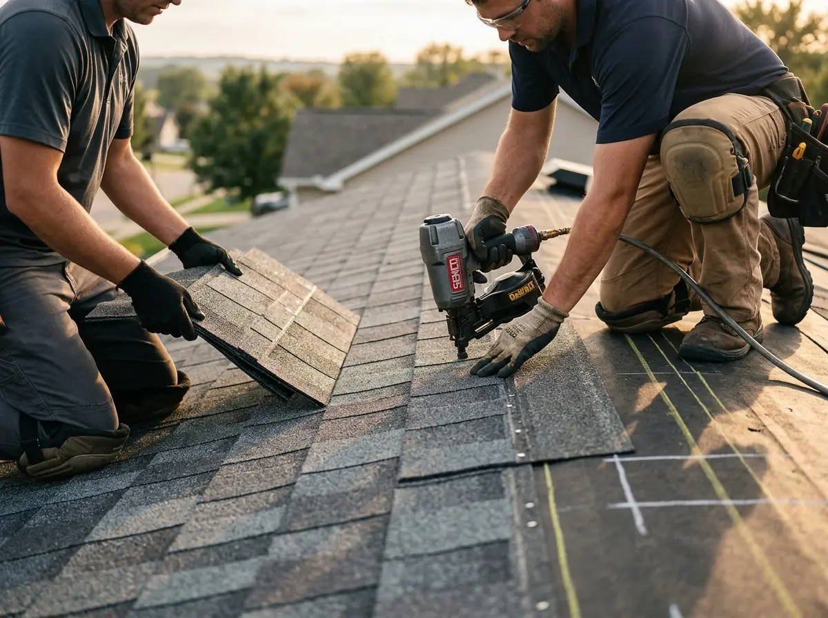 Professional roofer working on a residential roof in University Heights